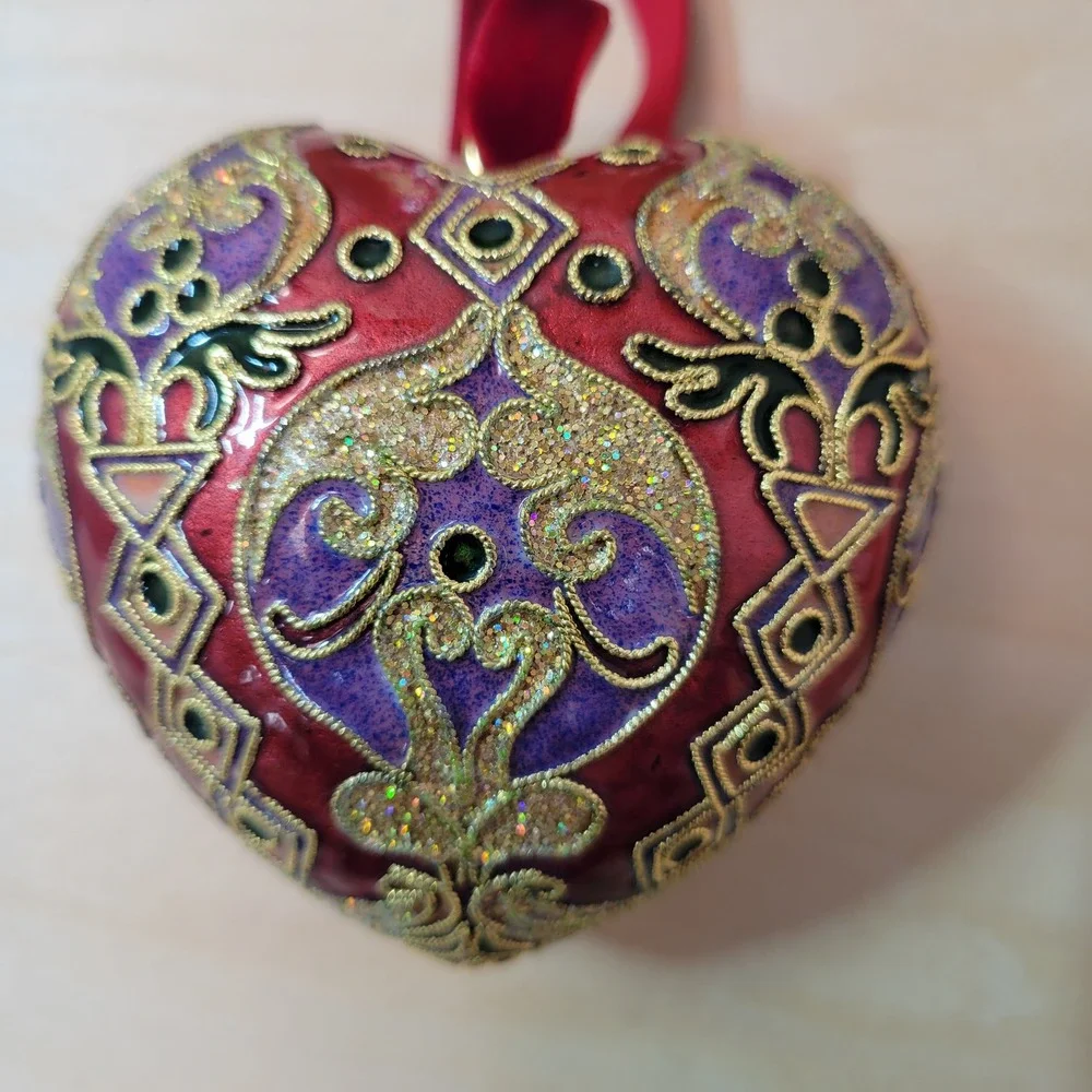 Cloisonne‎ Heart Ornament Home for the Holidays Gold Red Purple